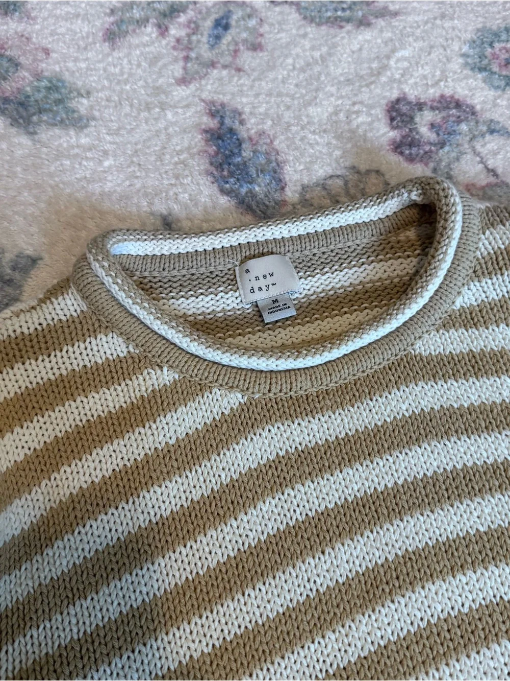 a new day 100% Cotton Striped Crewneck Sweater - Cream & Tan